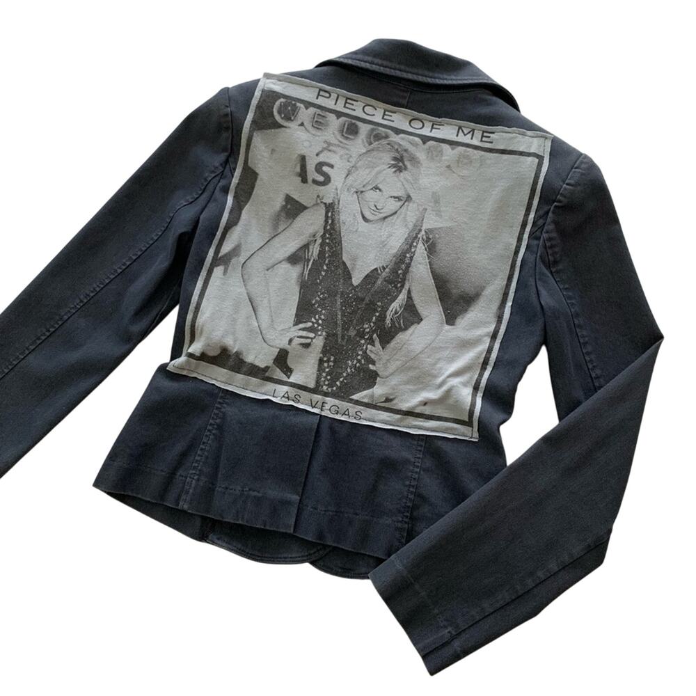 Reworked Britney Spears Y2K Graphic Upcycled Denim Blazer Jacket Women's Small - Picture 8 of 8